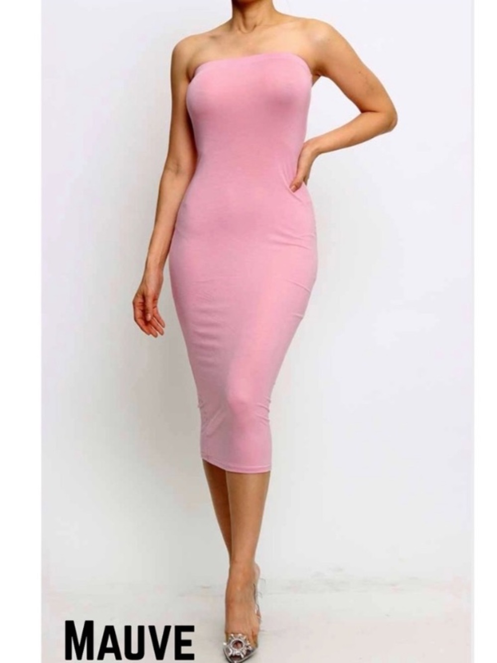 Strapless Mauve Bodycon Midi Dress